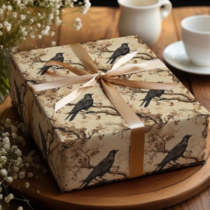 Raven Bird Tree Branch Wrapping Paper Beige Black Earth Tone Rustic Cool Brown Gift Wrap Tan Nature Crow Raven Paper Vintage Raven Gift Wrap