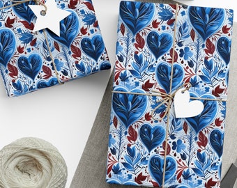 Blue Heart Gift Wrapping Paper Floral Leaves Flower Design Valentines Day Blue Paper Nature Inspired Wrap Romantic Gift Wrap Manly Paper
