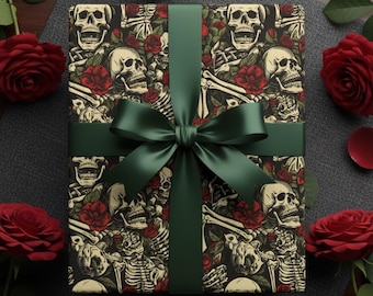 Geschenkpapier mit Skelettrosen: Gotisches Halloween-Blumen-Geschenkpapier