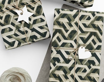 Green Wrapping Paper Modern Tan and Green Geometric Paper Symmetrical Rectangle Gift Wrap Square Motif Gift Wrap Striking Abstract Pattern