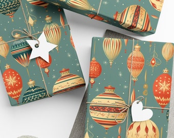 Vintage Christmas Wrapping Paper Blue Grey Retro Ornaments 1960s Christmas Gift Wrap Groovy Fun Wrapping Paper Roll Orange Beige Cool Wrap