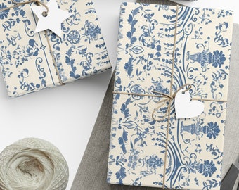 Chinoiserie Gift Wrap Boy Baby Shower Wrapping Paper Toile Blue White Floral Beige Unique Gift Wrapping Paper Chinoiserie Pattern Gift Wrap