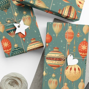 Vintage Christmas Wrapping Paper Blue Grey Retro Ornaments 1960s Christmas Gift Wrap Groovy Fun Wrapping Paper Roll Orange Beige Cool Wrap