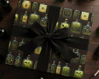 Botanical Apothecary Bottle Wrapping Paper: Vintage Green & Gold Gift Wrap