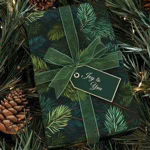 May include: A rectangular gift box wrapped in dark green paper featuring a pattern of pine needles. The box is tied with a sheer olive green ribbon and includes a small dark green gift tag with the white text Joy to You.