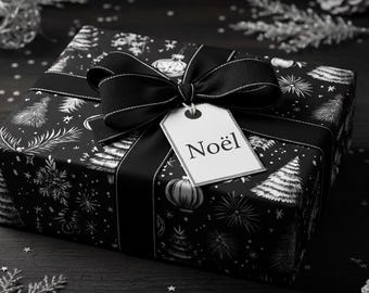 Black Christmas Wrapping Paper Snowflake Holiday Gift Wrap Winter Forest Black Gift Wrap Pine Tree Paper Snowflake Gift Wrap Festive Holiday