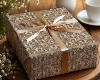 Vintage Gift Wrap Neutral Floral Brown Wrapping Paper Beige Intricate Architecture Paper Symmetrical Victorian Building Formal Wedding Paper