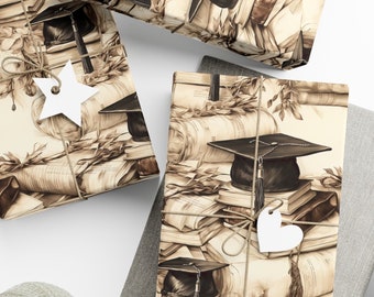 Graduation Wrapping Paper Celebration Gift Wrap Graduation Paper Cap and Gown Gift Wrapping Gray and Beige Pattern Tassels Education Paper