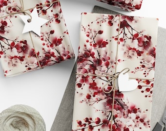 Boho Red Wrapping Paper Bold Maroon Striking Burgundy Floral Pattern Red White Accents Cherry Blossoms Beautiful Boho Flower Gift Wrap