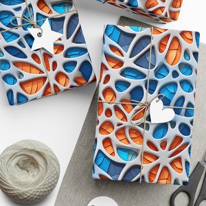 Abstract Blue Grey Gift Wrapping Paper Symmetrical Web Intricate Pattern Kaleidoscope Design Fractal Art Tropical Orange Blue Silver Web