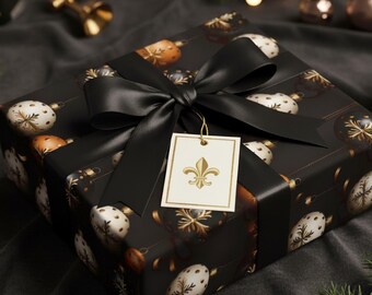 Papel de regalo con adornos navideños en negro y dorado: diseño elegante para las fiestas, estilo Nueva Orleans.