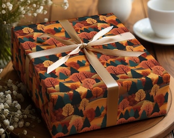 Autumn Foliage Gift Wrap Orange and Green Leaves Fall Wrapping Paper Vibrant Tree Forest Gift Wrap Roll Rustic Design Thanksgiving Paper