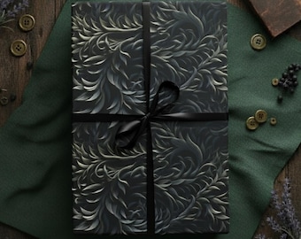 Inpakpapier donker botanisch werveling, elegante luxe geschenkverpakking in houtskoolreliëfstijl