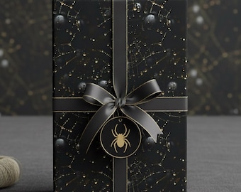 Papel de regalo con diseño de telaraña: gotas negras brillantes, rollo de papel de Halloween, estilo gótico.
