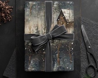 Winter Cabin Wrapping Paper Snow Forest Blue Gift Wrap Christmas Holiday Paper Decoration Tree Scandinavian Alpine Nature Christmas Rustic
