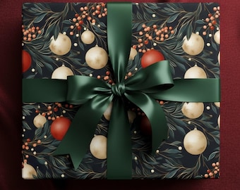 Elegant Black Christmas Wrapping Paper: Vintage Ornament & Leaf Design