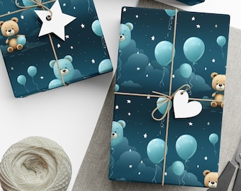 Geschenkpapier mit blauem Teddybärmotiv für die Babyparty: Festliches Geschenkpapier
