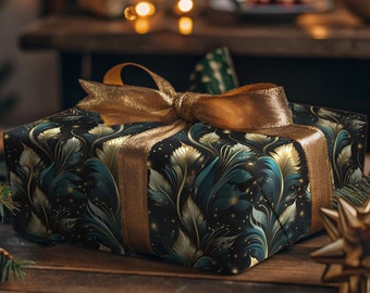 Papel de regalo Art Déco: follaje dorado y azul, estilo años 20.