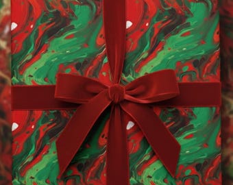 Papel de regalo navideño con efecto mármol / Papel de regalo festivo abstracto / Rojo y verde