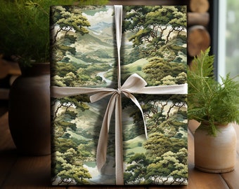 Japanese Forest Landscape Gift Wrapping Paper: Asian River & Mountain Design