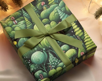 Dr Seuss Style Christmas Wrapping Paper Tree Candy Cane Festive Yellow Green Swirly Holiday Tree Design Cool Green Holiday Gift Wrap Roll