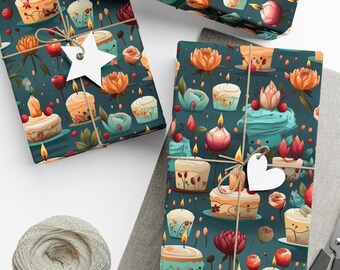 Teal Birthday Wrapping Paper: Cake & Floral Print, Celebratory Gift Wrap