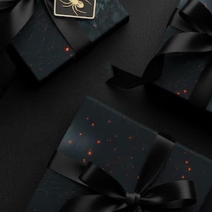 Dark Black Red Spider Web Wrapping Paper Nature Inspired Unique Design Gothic Trees Fog and Illuminated Web Halloween Gift Wrap Roll Goth