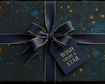 Galaxy Winter Tree Wrapping Paper: Yellow Star Twinkling Lights