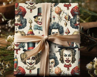 Antique Colorful Clown Collage Wrapping Paper Unique Gift Wrap Cartoon Clowns Hats People Circus Paper Antique Clown Paper Female Clown Wrap