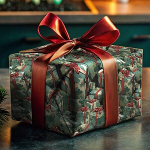 Cool Camo Presents Festive Gift Wrapping Paper Roll Colorful Green Camouflage Boxes Red Ribbons Bows Ideal for Hunters Birthdays Holidays