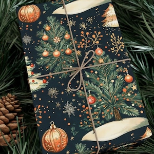 Vintage Christmas Wrapping Paper Festive Gift Wrap Holiday Black Background Paper Retro Trees Snowflakes Ornament Patterned Paper Winter