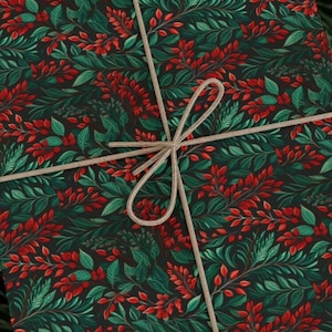 Classic Luxury Floral Christmas Wrapping Paper Beautiful Dark Royal Red Floral Pattern Green Leaf Holiday Gift Wrapping Paper Roll Elegant