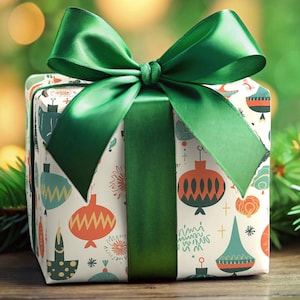 Vintage Ornament Wrapping Paper Christmas Retro Gift Wrap Vibrant Colors Abstract Retro Tree Ornament Gift Wrap Unique 1940s Christmas Wrap