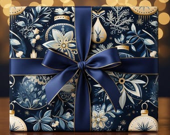 Elegant Christmas Wrapping Paper: Blue Floral Ornament, Gold Accents, Luxury Holiday Paper
