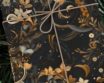 Black Gold Floral Wrapping Paper – Elegant Dark Romantic Gift Wrap Roll