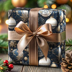 Blue Christmas Gift Wrap Vintage Style Christmas Ornament Wrapping Paper Navy Blue Gold Beige Christmas Gift Wrap Roll Holiday Paper Wrap