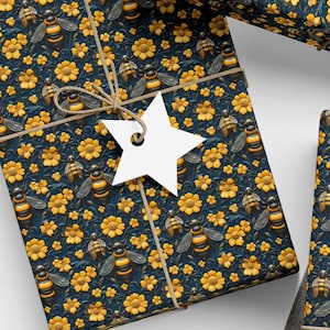 Bee Floral Wrapping Paper Yellow Gift Wrap Bee Pattern Floral Gift Wrap Navy Blue Nature Inspired Paper Honey Bee Party Paper Yellow Blue