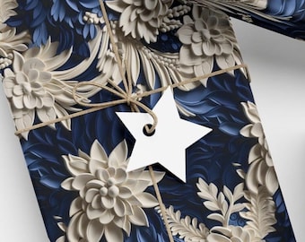 Blue White Floral Wrapping Paper Wedding Gift Wrap Intricate White Paper Blue Floral Embossed Flowers Elegant Wedding Gift Wrap Anniversary