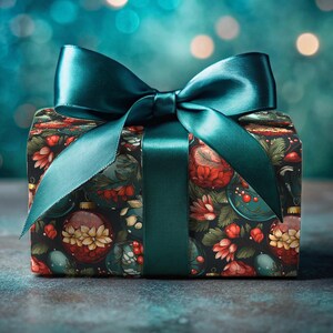 Christmas Wrapping Paper: Vintage Ornament Floral Design, Teal & Red
