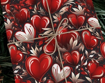 Papier cadeau coeur rouge foncé Papier cadeau Saint Valentin coeur Papier romantique rouge argenté coeur foncé Emballage cadeau anniversaire coeur noir et rouge