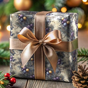 Elegante carta da regalo natalizia, carta da regalo per le feste, ornamenti per alberi festivi, carta da regalo viola e oro, rotolo di carta da regalo con albero di pino viola