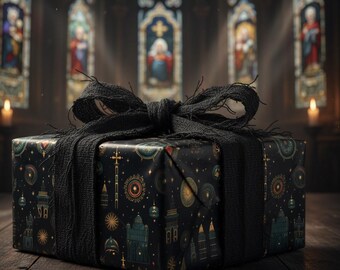 Dark Religious Gift Wrap: Gold & Teal Crosses, Stars - Christian Catholic Wrapping Paper