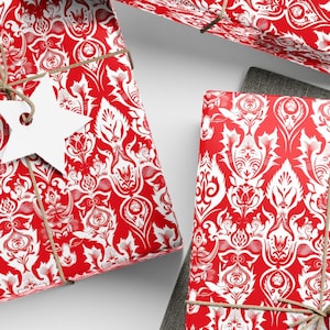 Elegant Red Floral Wrapping Paper Gift Wrap Decorative Paper Goat Pattern Holiday Gift Wrap Vintage Style Floral Patterned Paper Red White
