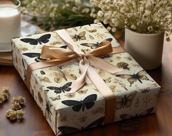 Vintage Butterfly Gift Wrapping Paper Monarch Butterfly Tan Gift Wrap Moth Wrapping Paper Beige Retro Floral Sepia Pattern Antique Insect