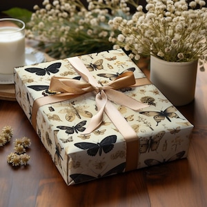 Vintage Butterfly Gift Wrapping Paper Monarch Butterfly Tan Gift Wrap Moth Wrapping Paper Beige Retro Floral Sepia Pattern Antique Insect