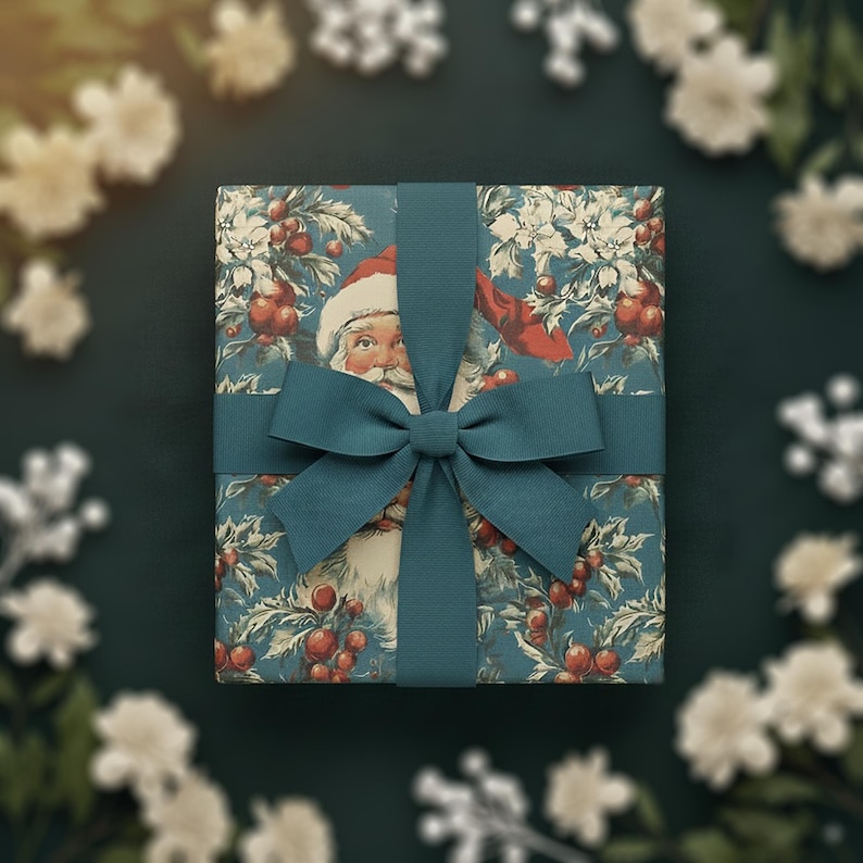 Vintage Santa Claus Blue Christmas Wrapping Paper – Festive Gift Wrap Roll image 2