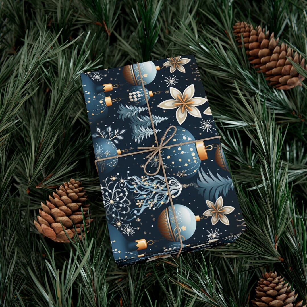 Navy Christmas Wrapping Paper Navy Blue Gold Ornament Floral Watercolor Design Holiday Flower