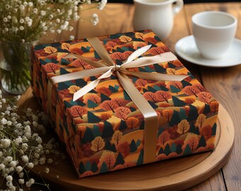 Fall Foliage Gift Wrap Orange and Green Leaves Autumn Wrapping Paper Vibrant Tree Pattern Gift Wrap Roll Vibrant Design Thanksgiving Paper