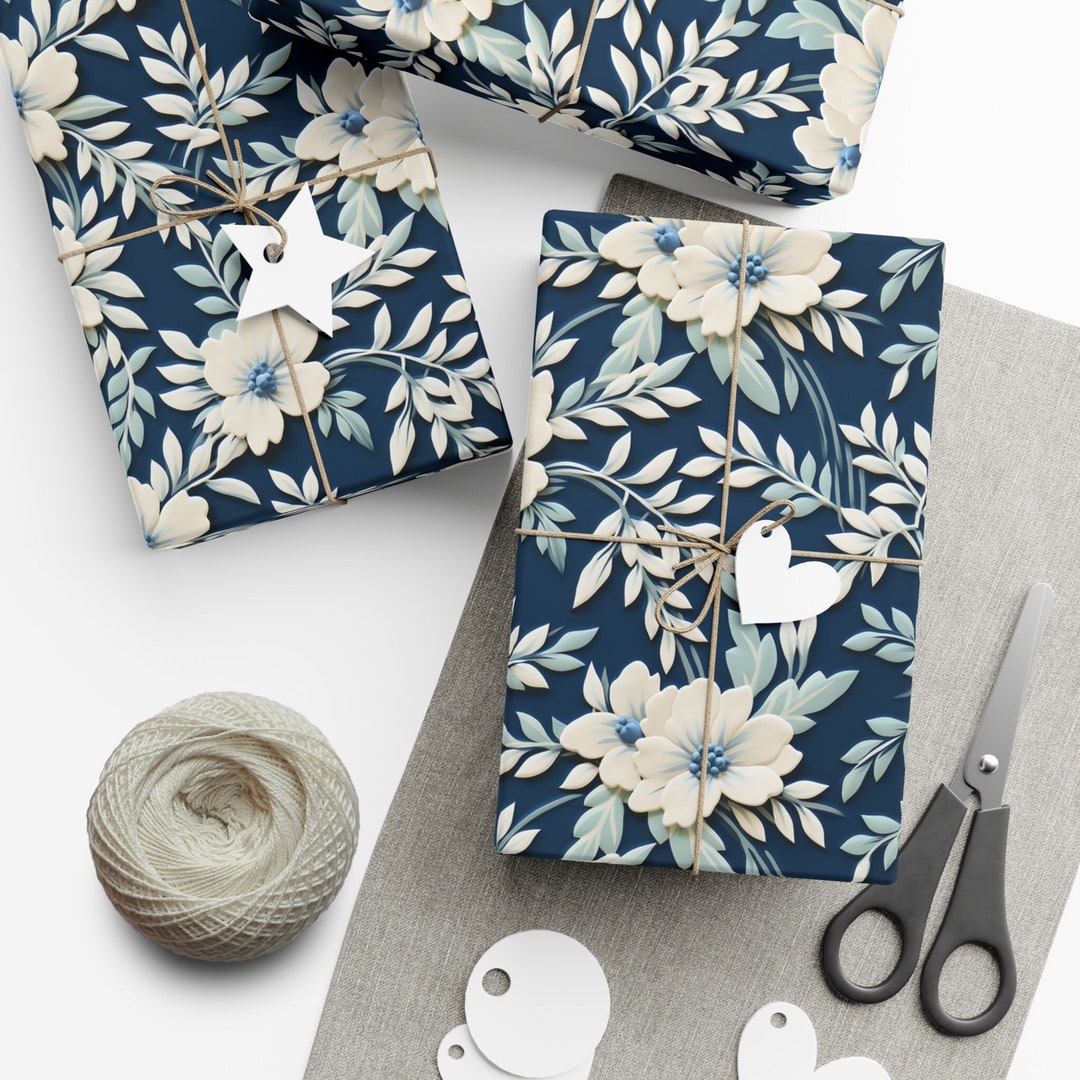 Blue Petal Blooms Wrapping Paper Wedding Paper Navy Blue and White ...