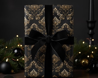 Papel de embrulho preto damasco, elegante rolo de papel de presente dourado de luxo para o Natal.